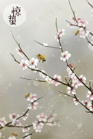 惊蛰-桃花蜜蜂-七星瓢虫