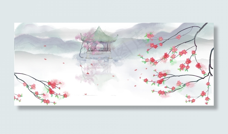 桃花节文艺手绘水墨质感粉banner(1920*800px 	       )psd模版下载