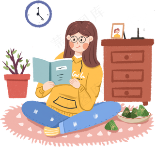 端午节坐着看书吃粽子的女孩下载