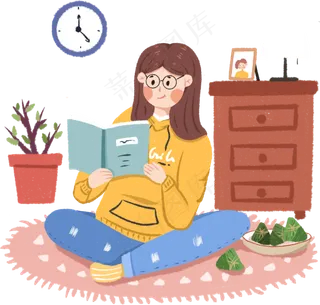 端午节坐着看书吃粽子的女孩下载