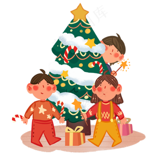 小孩子圣诞树下分礼物,免抠元素