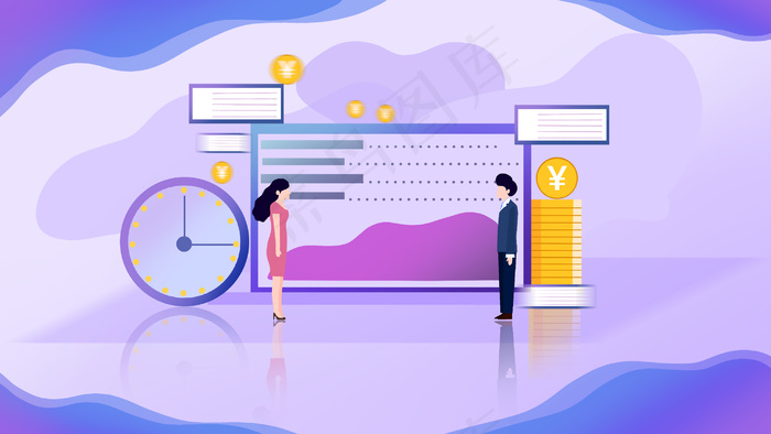 扁平化金融商务紫色系时钟金币