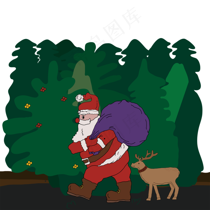 圣诞老人松树平安夜麋鹿礼物包裹,免抠元素