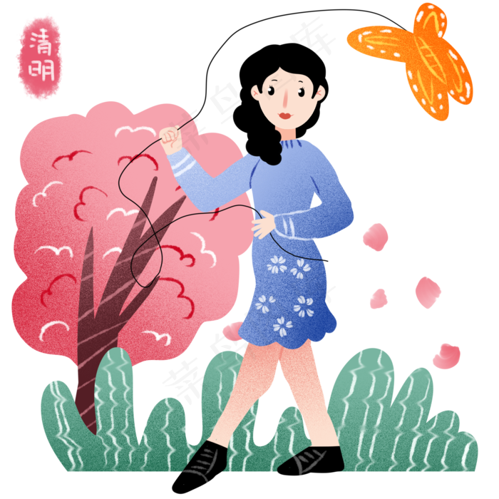 放风筝的小女孩插画