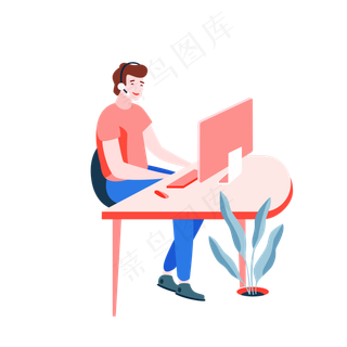 扁平风用电脑视频办公的男生,免抠元素