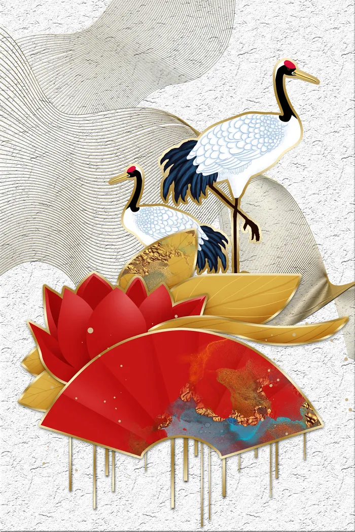 新中式仙鹤 扇子红色民国风装饰画(800*3584px 150 dpi )psd模版下载