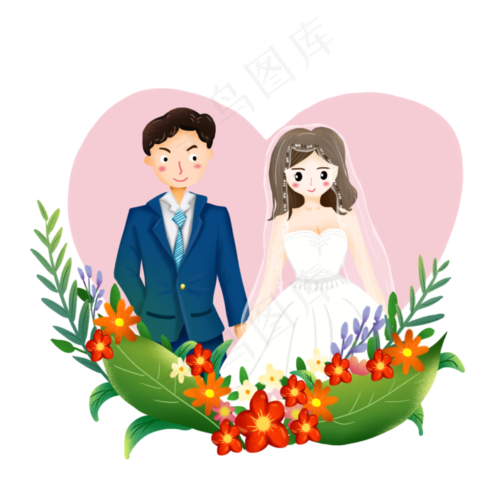 卡通可爱爱心新郎新娘西式婚礼结,免抠元素(1024*1369px 72 dpi )psd模版下载