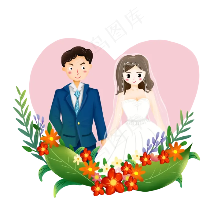 卡通可爱爱心新郎新娘西式婚礼结,免抠元素