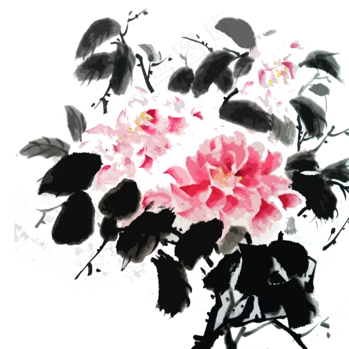 水墨国画牡丹春天写意PNG,免抠元素(3000X3000(DPI:300))psd模版下载