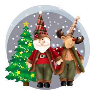 手绘圣诞老人和麋鹿,免抠元素