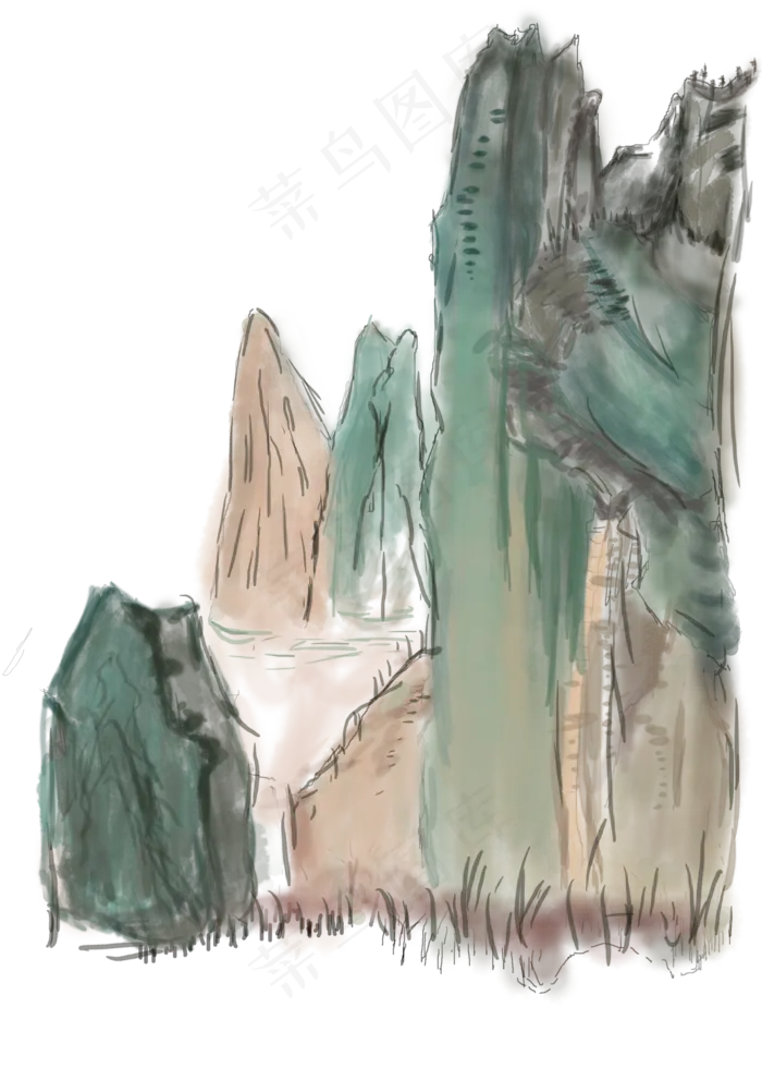 卡通水墨国画山水图免抠png(2000X2800(DPI:72))psd模版下载
