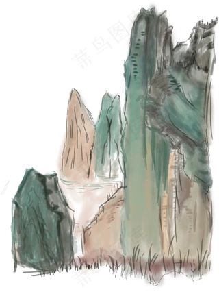 卡通水墨国画山水图免抠png