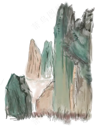 卡通水墨国画山水图免抠png