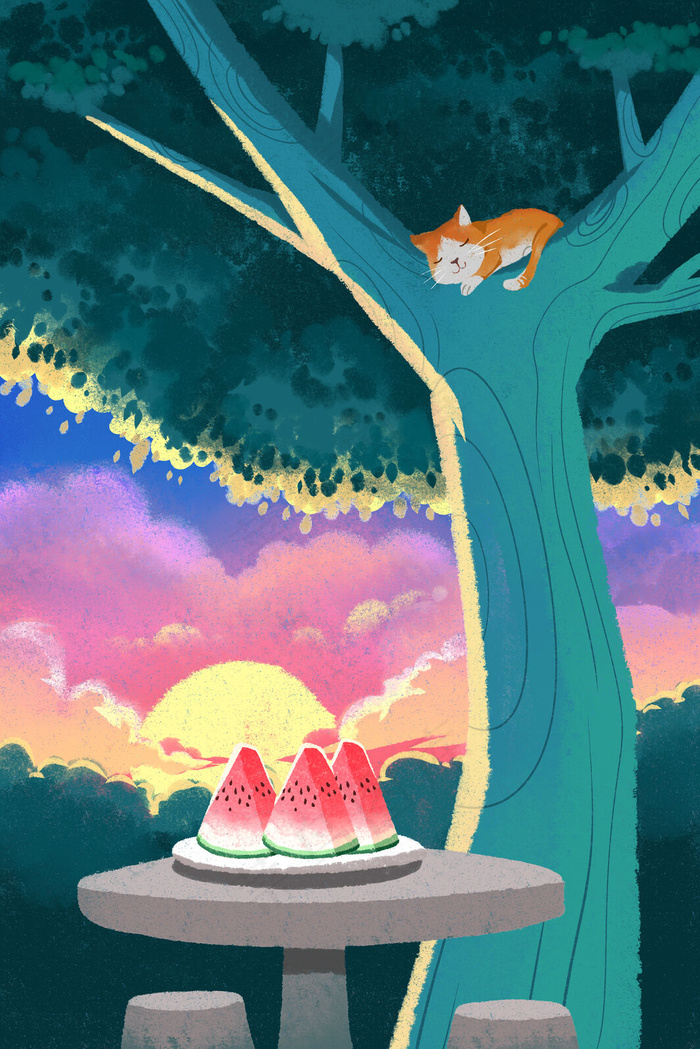 青色系卡通手绘风夏景傍晚大树下西瓜配图