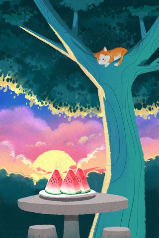 青色系卡通手绘风夏景傍晚大树下西瓜配图