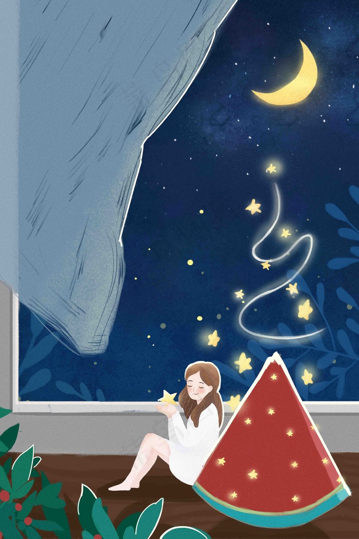 夏天夏夜清新唯美清凉少女手绘风格插画