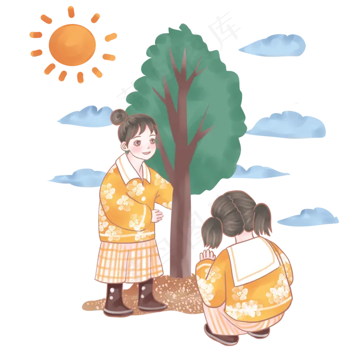 可爱女孩植树节一起种树