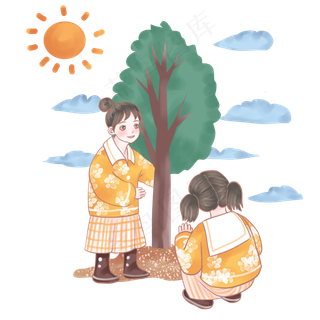 可爱女孩植树节一起种树