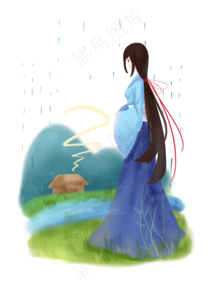 看雨景的小女孩插画