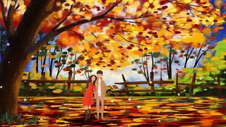 油画厚秋天树下风景