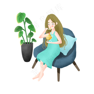 坐在沙发上吃冰激淋的女孩