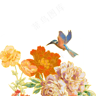 刺绣金边花鸟牡丹,免抠元素