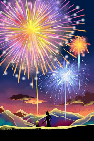 卡通手绘风缤纷色彩烟花配图