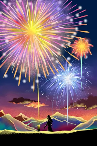 卡通手绘风缤纷色彩烟花配图