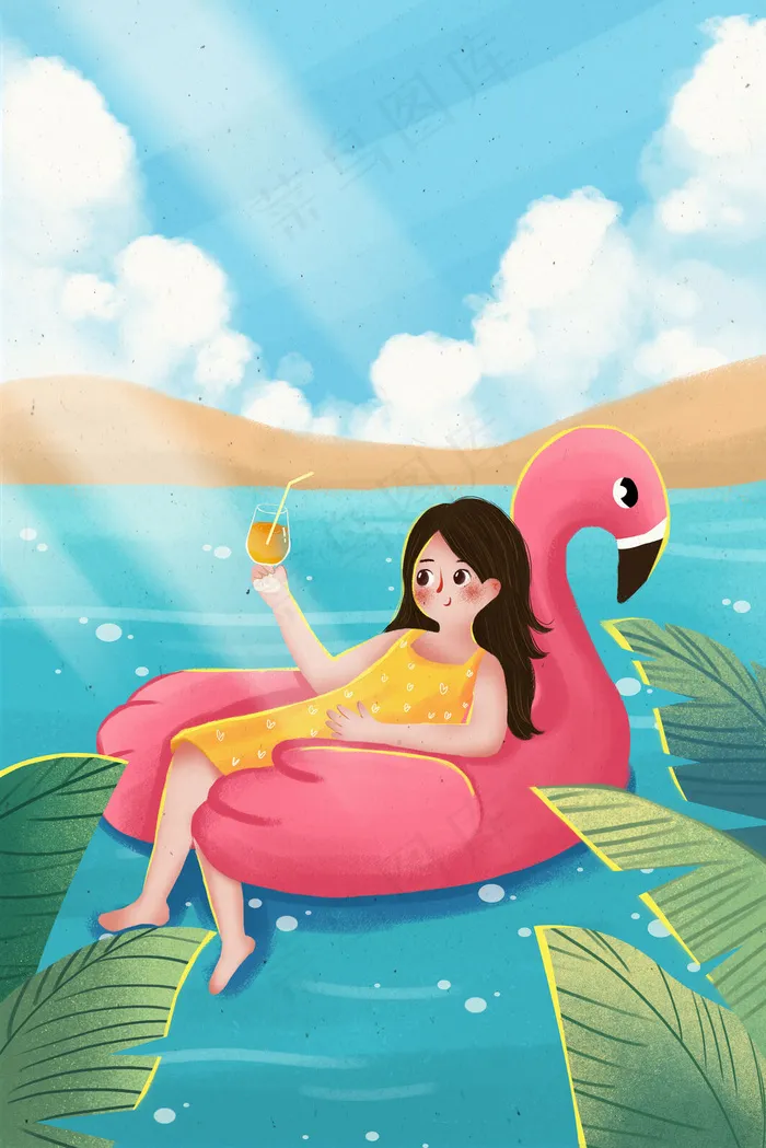 夏天大暑节气女孩海滩度假(3545*5315px 300 dpi )psd模版下载