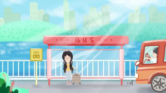 夏天女孩行李箱公交车站毕业旅游