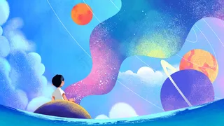 蓝色系卡通手绘风治愈美景配图