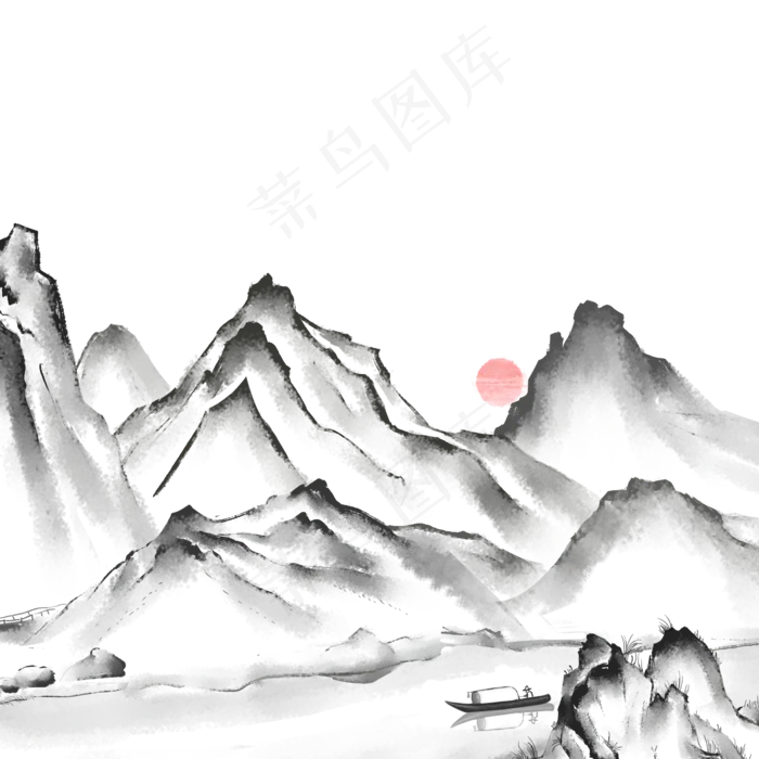 水墨山水画山峦间的河流(2000X2000(DPI:300))psd模版下载