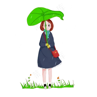 谷雨用叶子挡雨女孩