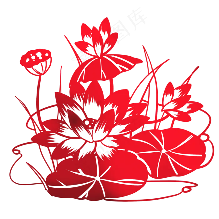 盛开荷花池塘剪纸(2000X2000(DPI:300))psd模版下载