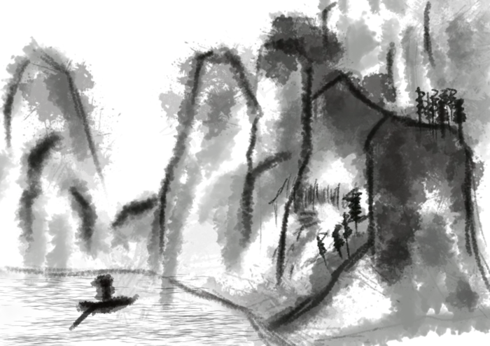 水墨山水画手绘png(3508X2480(DPI:300))psd模版下载