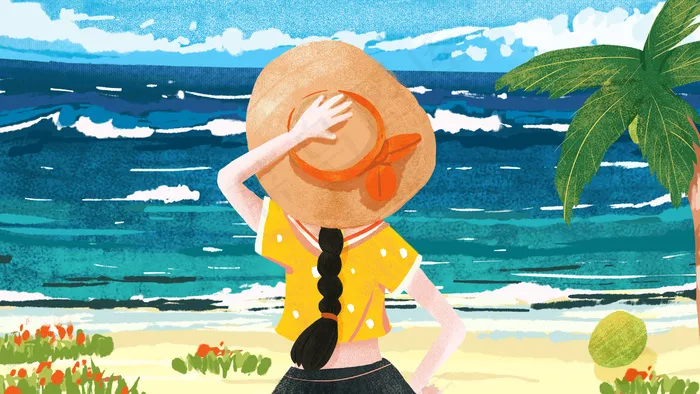 夏日晴空女孩去海边游泳(3543X4724(DPI:150))psd模版下载