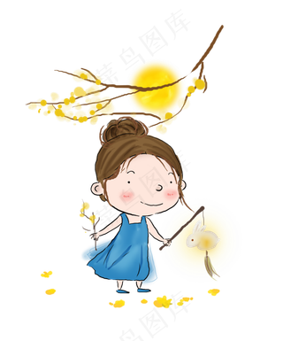 中秋节赏看灯的女孩,免抠元素