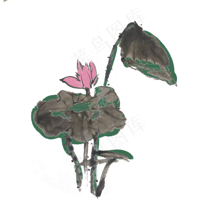 夏季水墨荷花手绘素材(4000X4000(DPI:300))psd模版下载