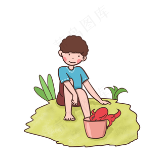 夏天在沙滩上捡八爪鱼的孩子