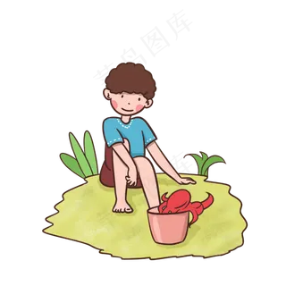 夏天在沙滩上捡八爪鱼的孩子