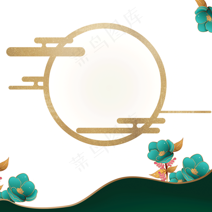 青色花朵金色中国风古典边框,免抠元素