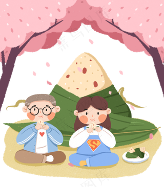 端午节樱花树下吃粽子的情侣下载