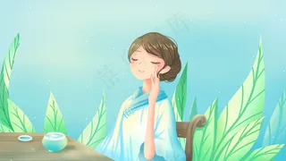 蓝色唯美卡通小清新美妆场景配图