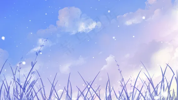 蓝色唯美卡通治愈清爽美景草地蓝天野外配图