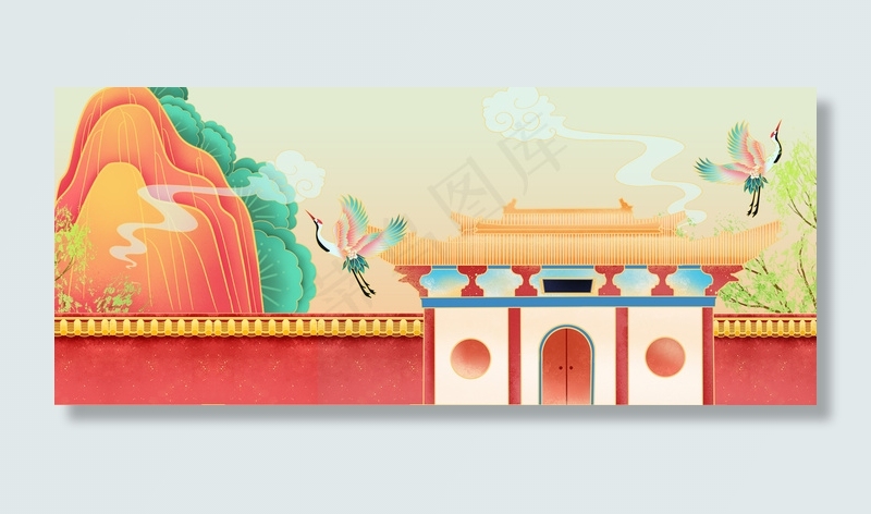 中国风新式古风城墙古建筑仙鹤复古背景