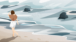 女孩在海边沙滩上散步留下一串脚印