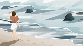 女孩在海边沙滩上散步留下一串脚印