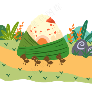 端午节绿色扁平风元素蚂蚁搬粽子