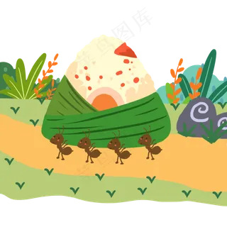 端午节绿色扁平风元素蚂蚁搬粽子