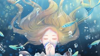 深蓝色唯美卡通治愈小清新夏季清凉少女配图